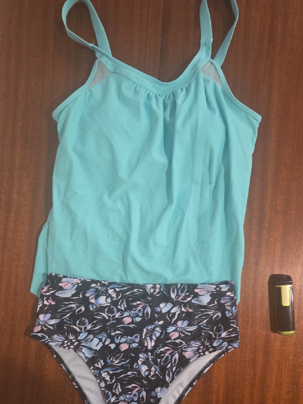 Tank Tankini Swimsuit with Aqua Top and Floral Bottom